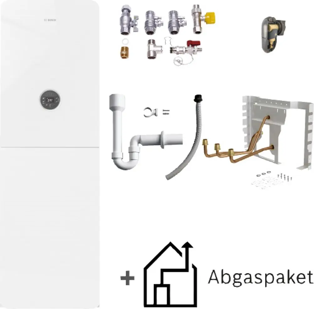 Weißes Bosch-Gerät, kombiniert mit verschiedenen Installationsteilen wie Ventilen, Rohren, und einer Abgasführung, die für die Installation erforderlich sind.